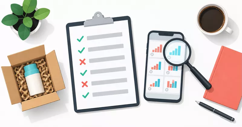 Illustration: a checklist with ticks and crosses next to a phone of video thumbnails, a magnifying glass and a sample parcel.