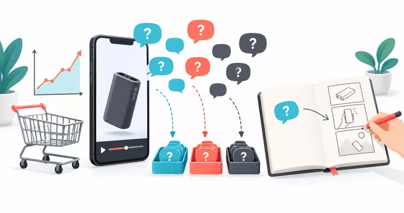 Illustration: a phone playing a product video beside an empty shopping cart, with question bubbles sorted into three trays and a notebook storyboard.