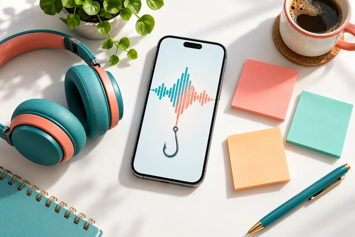 A smartphone with an audio waveform and a fishing hook icon, headphones and sticky notes nearby.