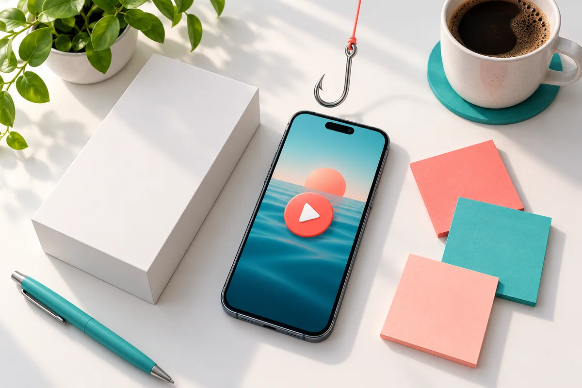 A smartphone showing a short-video play button with a small fishing hook icon above it, next to a product box and colorful sticky notes.