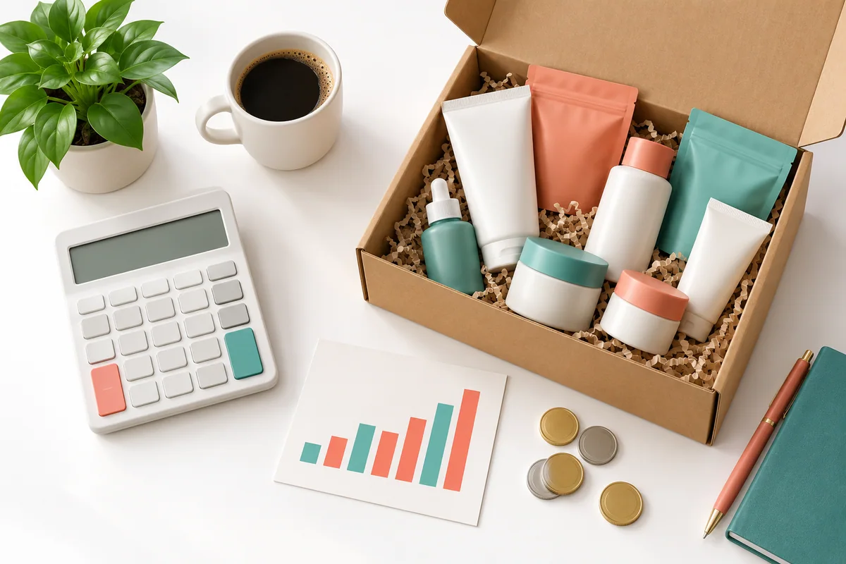 A calculator, an open box of product samples, a few coins and a small bar chart card on a desk.