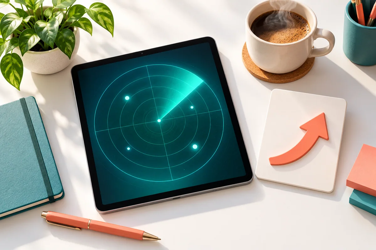 A tablet showing a glowing radar sweep with small dots, an upward arrow card and a cup of coffee.