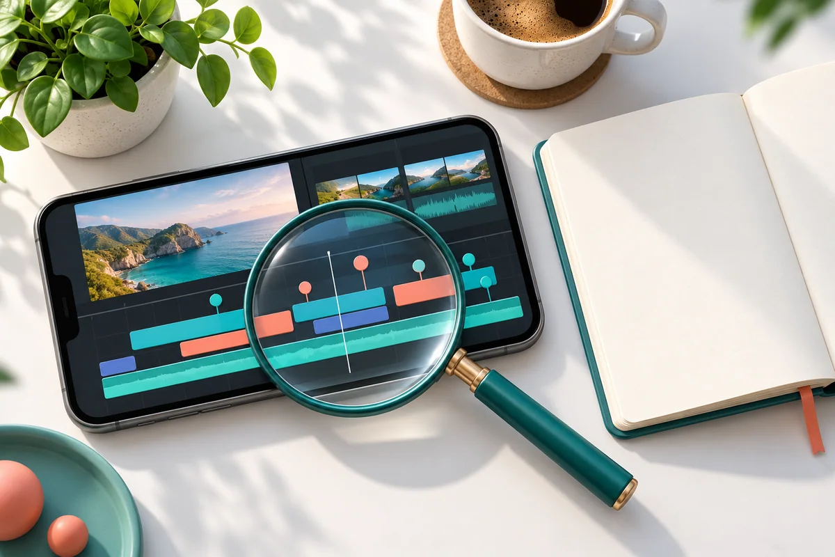 A smartphone showing a video timeline with markers, examined by a magnifying glass, with a notebook beside it.